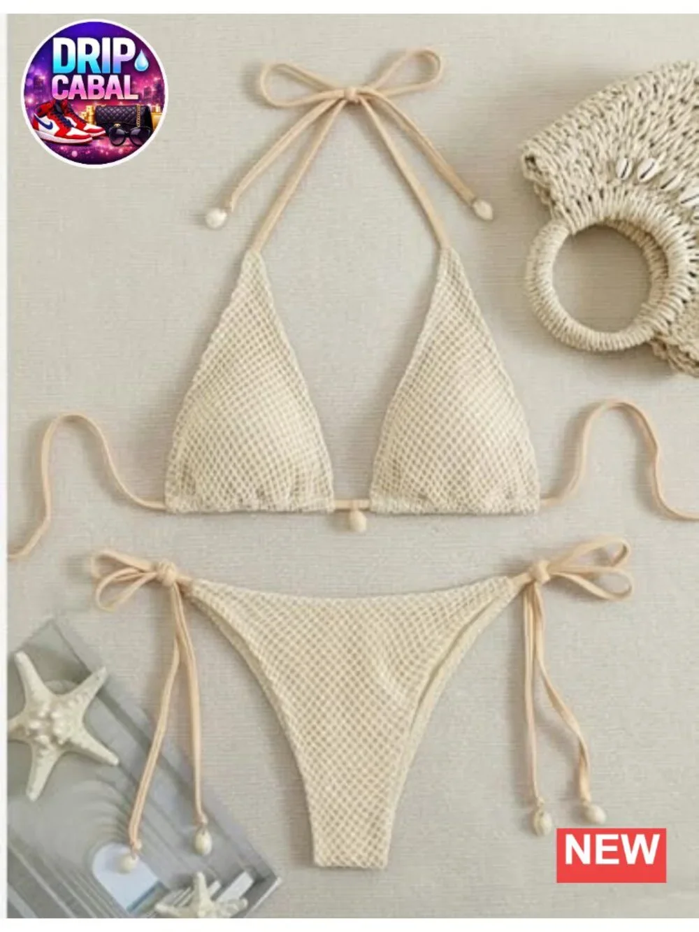 Mermaid Fishnet Bikini Set Halter Bandeau Boho Shell Crochet 2 Piece Swimsuit